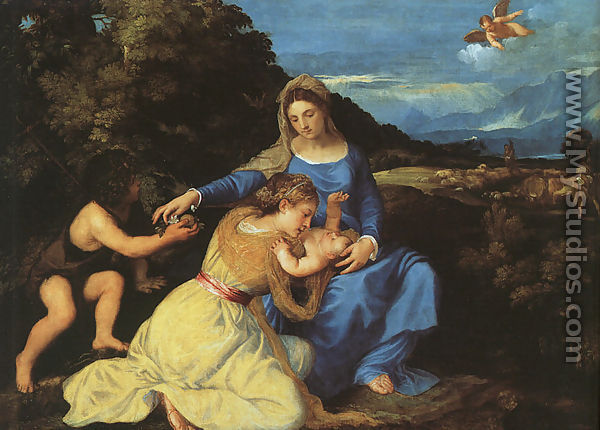 Madonna and Child with the Young St. John the Baptist and St. Catherine 1530 - Tiziano Vecellio (Titian)