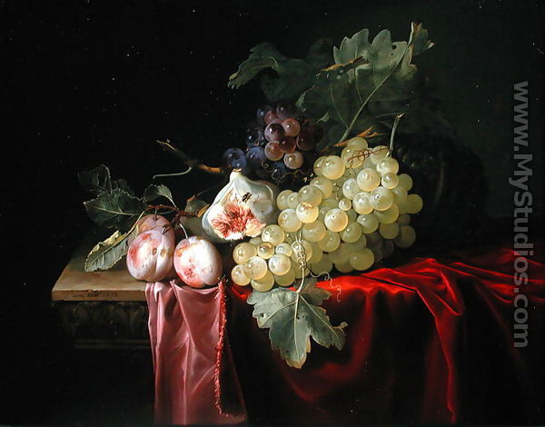A still life with grapes, plums, figs and a melon on a partly draped stone ledge 1653 - Willem Van Aelst