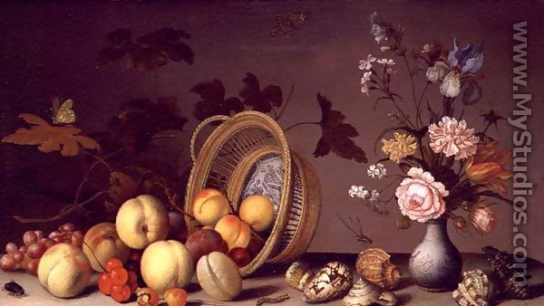 Apples, cherries, grapes, plums and a vase of flowers - Balthasar Van Der Ast