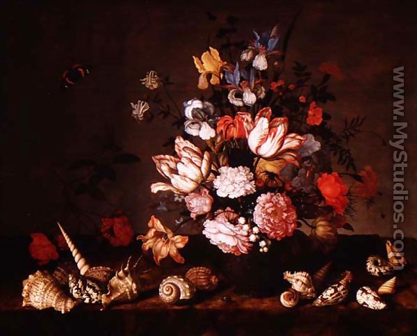 Still life of a vase of flowers with shells - Balthasar Van Der Ast