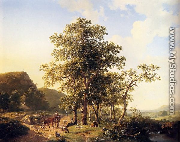 Wooded landscape with peasants and animals - Hendrikus van den Sande Bakhuyzen