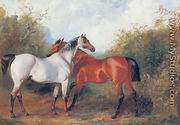A strawberry roan and a bay hunter in a landscape - Henry Barraud