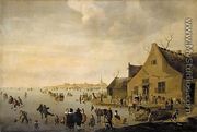 Skaters on a frozen lake at the edge of a town 1653 - Cornelis Beelt
