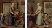 A woman cleaning pots in an interior with a boy eating cherries (and) A woman preparing fish in a kitchen and a child playing,  1769 - Abraham Hendrick van Beesten