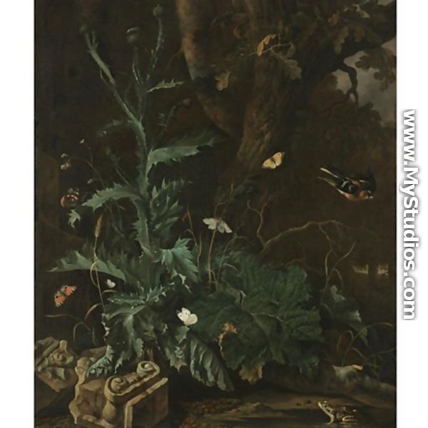 A forest floor with a thistle, the ruin of an Ionic Column, butterflies, a toad, and a songbird - Abraham Jansz Begeyn