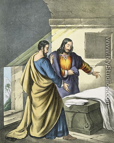 Peter and John at the Sepulchre, from a bible, 1870