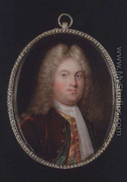 A gentleman wearing wig, burgundy coat with green lining, green figured yellow waistcoat and white cravat - Francis Bindon
