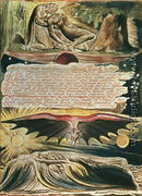 Jerusalem The Emanation of the Giant Albion- 'And One stood forth', top to bottom, Los supported by Christ; Albion's burial in the Supulcher, 1804 - William Blake