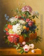 A still life of peonies, roses, honeysuckle, poppies, a crown imperial, rhododendrons and other flowers in a terracotta urn on a ledge - Arnoldus Bloemers