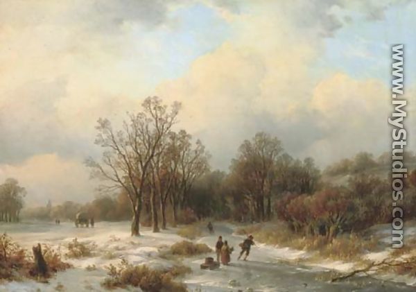 A sunlit winter landscape with villagers on a frozen waterway - Willem Bodemann