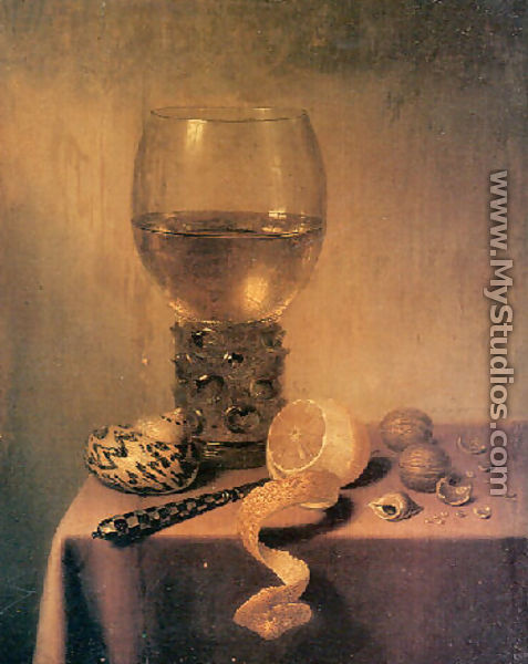A roemer, two shells, a peeledlemon, a knife and walnuts on a Draped Table - Maerten Boelema De Stomme
