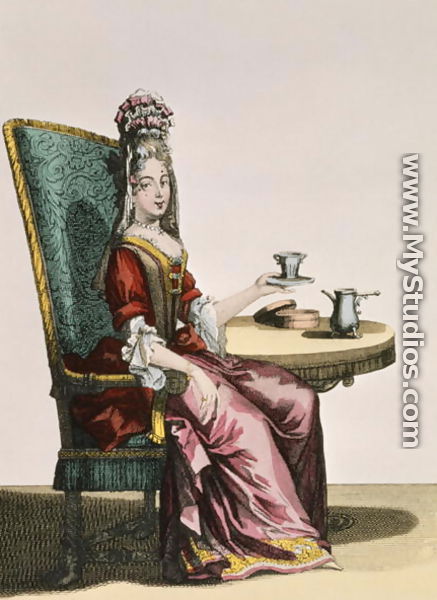 Lady Taking Coffee, fashion plate, c.1695 - Nicolas Bonnart