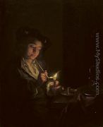 A candlelit interior with a young man seated at a table, lighting his pipe - Arnold Boonen