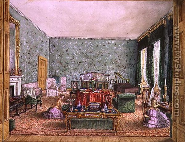 The Drawing Room at Meesdenbury, f13 from An Album of Interiors, 1843 - Charlotte Bosanquet