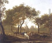 Two peasants with a herd of cattle on a wooded path leading to a lake - Jan Both