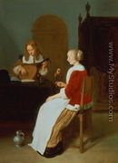 An interior with a lute player and a woman holding a parrot - Quiringh Gerritsz. van Brekelenkam