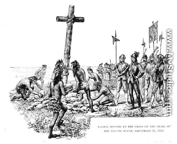 Balboa Setting up the Cross on the Shore of the Pacific Ocean, 25th September 1513, from 