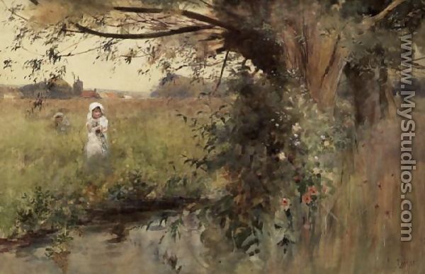 Collecting flowers by the Stream - Hector Caffieri