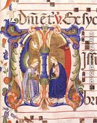 Ms 572 f.147r Historiated initial 'M' depicting the Annunciation from an antiphon from Santa Maria del Carmine, Florence - Don Simone Camaldolese