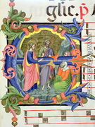 Ms 572 f.107 r Historiated initial 'E' depicting St. John the Baptist introducing Christ to two disciples, from an antiphone - Don Simone Camaldolese