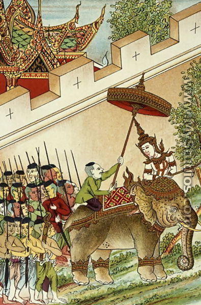 Vey Vonsga Mounting his Elephant Whilst his Army Wait, illustration from the Cambodian Legend of 