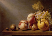 A Still Life Of Paeches, Grapes, A Quince, A Walnut And Two Hazelnuts On A Wooden Table - Harmen Steenwijck
