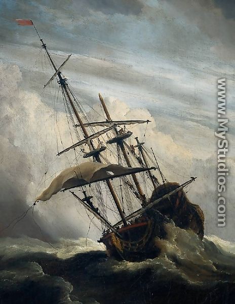Ship in High Seas Caught by a Squall [detail #1] - Willem van de, the Younger Velde