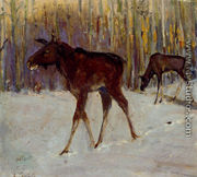 Elks In Winter Woodland - Aleksi Stepanovich Stepanov