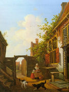 A Sunlit Courtyard with Mother and Child Peeling Vegetables - Francois Joseph Jr. Pfeiffer