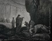 The Inferno, Canto 6, lines 24-26: Then my guide, his palms/ Expanding on the ground, thence filled with earth/ Rais’d them, and cast it in his ravenous maw. - Gustave Dore