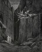 The Inferno, Canto 23, lines 52-54: Scarcely had his feet/ Reach’d to the lowest of the bed beneath,/ When over us the steep they reach’d - Gustave Dore