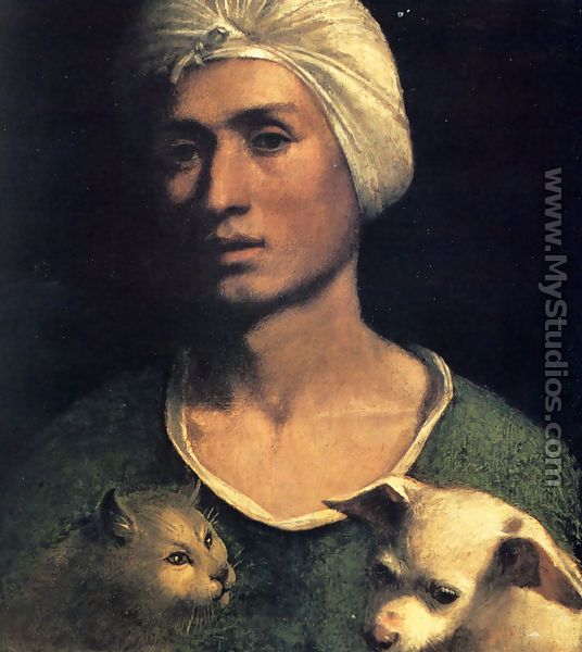 Portrait Of A Young Man With A Dog And A Cat - Dosso Dossi (Giovanni di Niccolo Luteri)