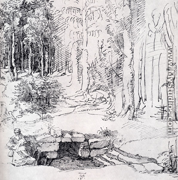 Forest Glade With A Walled Fountain By Which Two Men Are Sitting (or St. Anthony And St. Paul, Identified By The Flying Raven) - Albrecht Durer