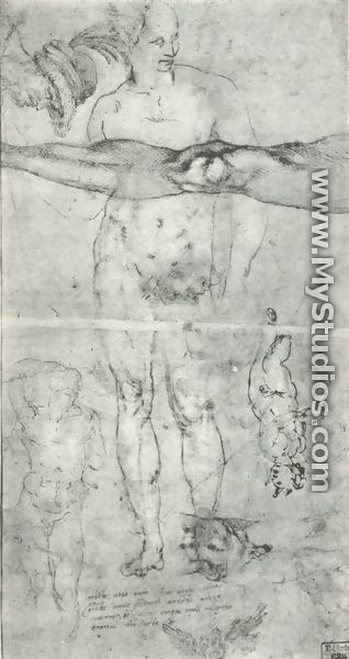 Various studies including a tracing from the other side of the sheet - Michelangelo Buonarroti