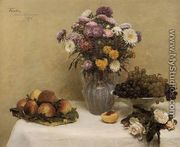 White Roses, Chrysanthemums in a Vase, Peaches and Grapes on a Table with a White Tablecloth - Ignace Henri Jean Fantin-Latour