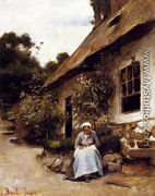 Woman Sewing In Front Of Her Cottage - Claude Joseph Bail
