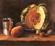 Still life with a Pumpkin, Peaches and a Silver Goblet on a Table Top - François Bonvin