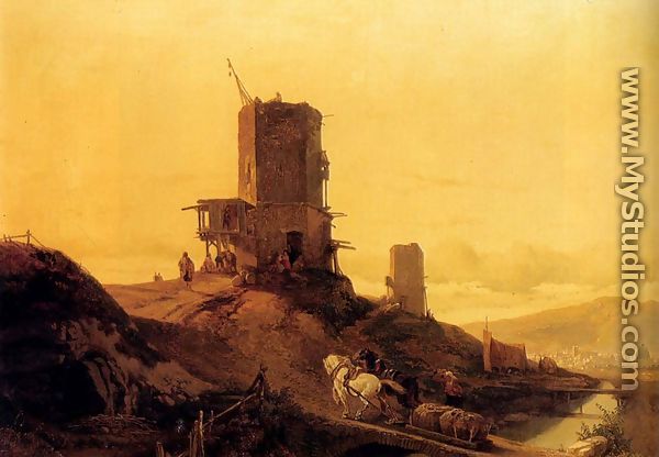 A Hill With An Arab Windmill Under Construction, A Town In The Distance - Francois Antoine Bossuet