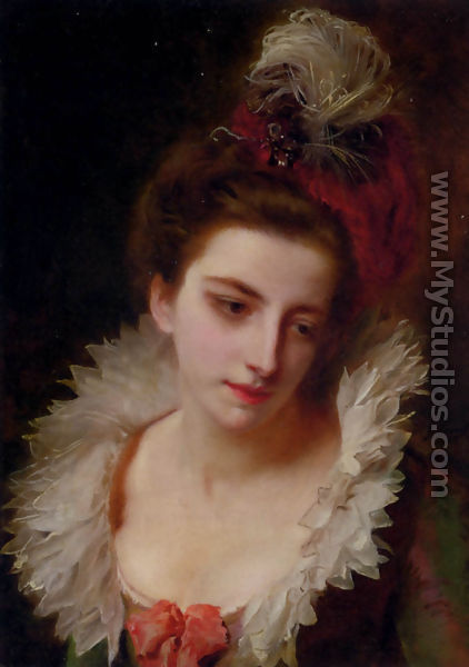 Portrait Of A Lady With A Feathered Hat - Gustave Jean Jacquet
