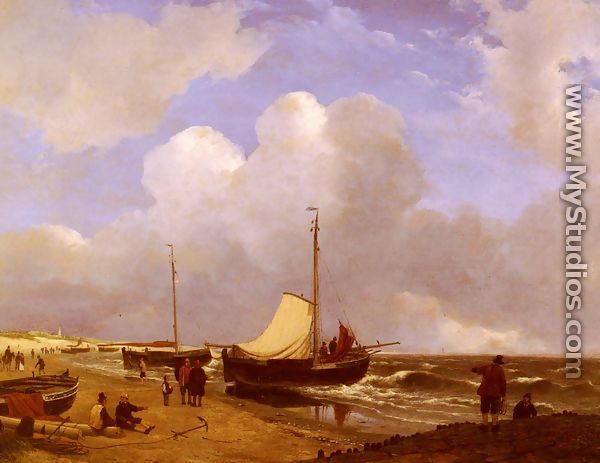 Moored on the Beach - Andreas Schelfhout