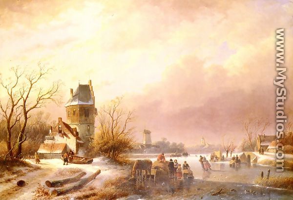 Skaters On A Frozen River - Andreas Schelfhout