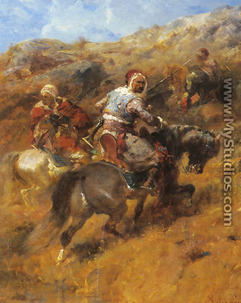 Arab Warriors On A Hillside - Adolf Schreyer