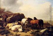 Horses And Sheep By The Coast - Eugène Verboeckhoven