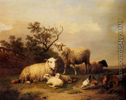 Sheep With Resting Lambs And Poultry In A Landscape - Eugène Verboeckhoven