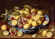 A Still Life Of A Wanli Kraak Porcelain Bowl Of Citrus Fruit And Pomegranates On A Wooden Table - Gerrit Van Honthorst