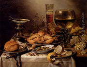 Banquet Still Life With A Crab On A Silver Platter, A Bunch Of Grapes, A Bowl Of Olives, And A Peeled Lemon All Resting On A Draped Table - Pieter Claesz.