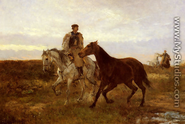 Leading the Horses Home at Sunset - Mihaly Munkacsy