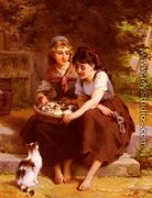 Deux Filles Avec Un Panier De Chatons (Two Girls With A Basket Of Kittens) - Emile Munier