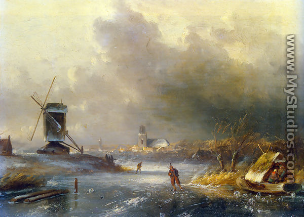 Winter Landscape with Skaters on a Frozen River - Charles Henri Joseph Leickert