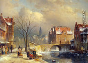 Winter Villagers on a Snowy Street by a Canal - Charles Henri Joseph Leickert